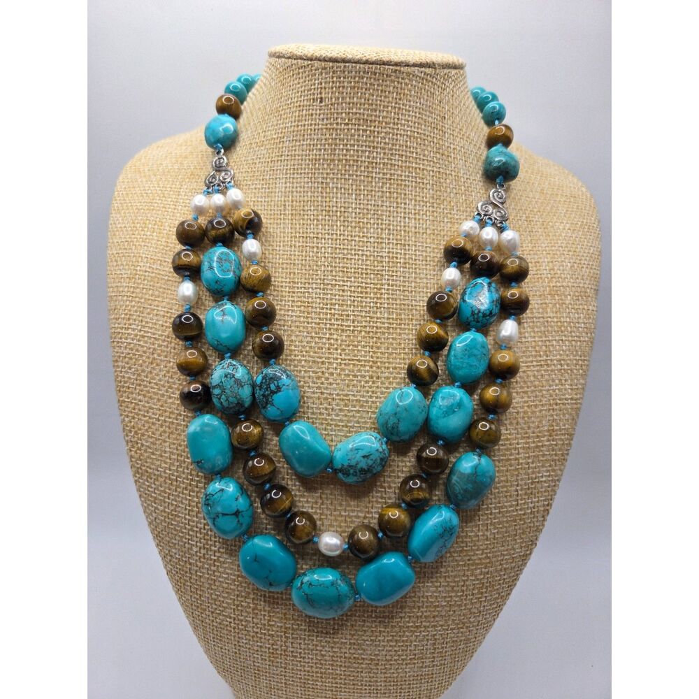 1739. Necklace 3 Strands of Turquoise, Tigers Eye and Pearl
